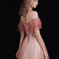 A-Line Off Shoulder Tulle Lace Burgundy Long Prom Dress B632