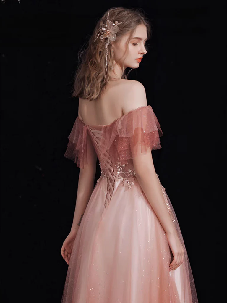 A-Line Off Shoulder Tulle Lace Burgundy Long Prom Dress B632