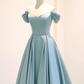 A-Line Off Shoulder Satin Blue Long Prom Dress B634