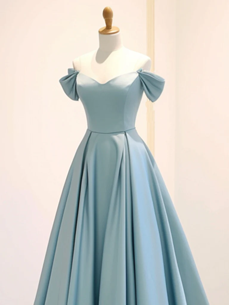 A-Line Off Shoulder Satin Blue Long Prom Dress B634