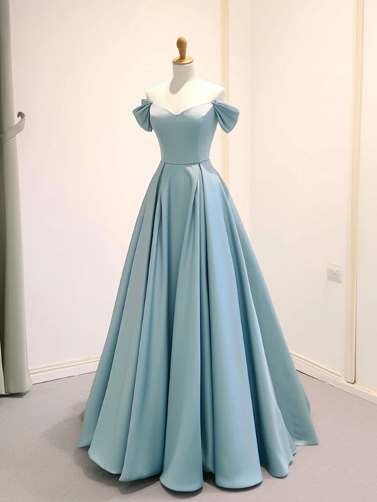 A-Line Off Shoulder Satin Blue Long Prom Dress B634