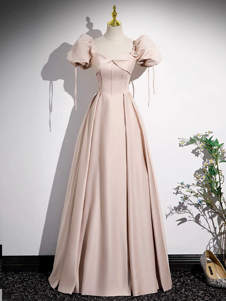 Robe de bal longue en satin rose simple ligne A B635