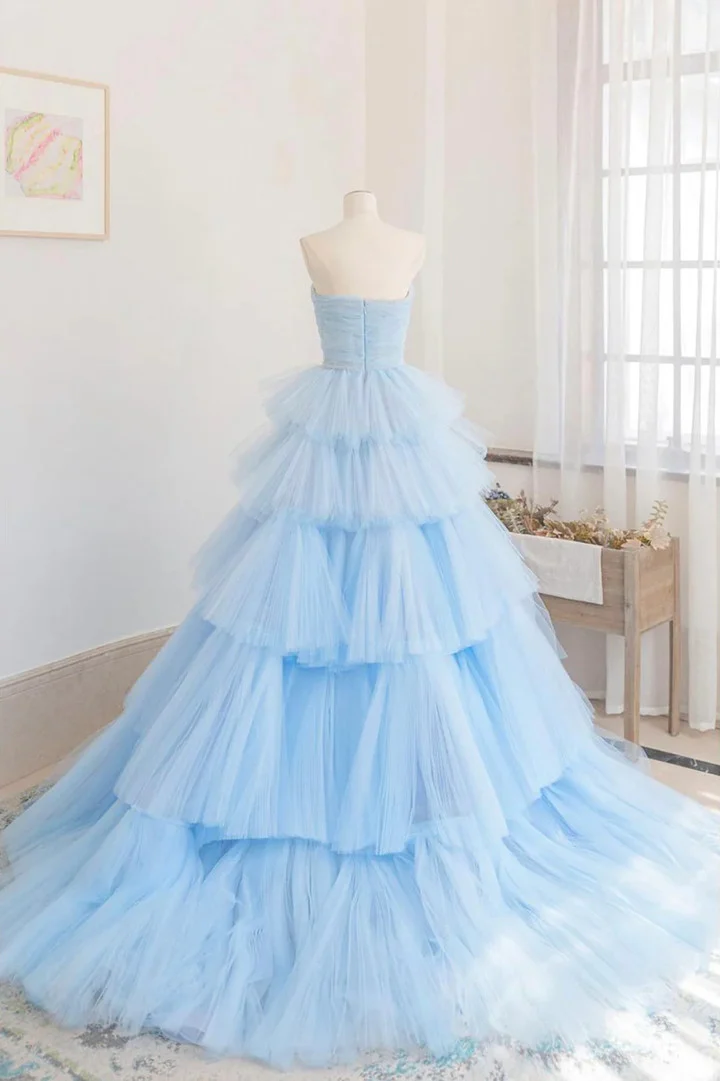 Beautiful Blue Layers Tulle Long Prom Dresses B638