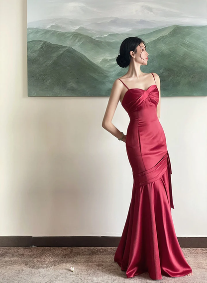 Robe de soirée longue en Satin rouge vin, robe de bal, B639