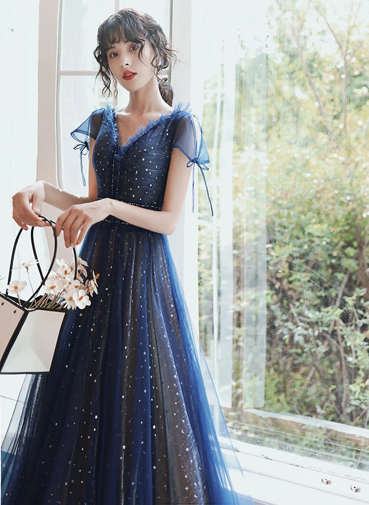 Robe de soirée longue en Tulle bleu marine, décolleté en V, robe de bal B651