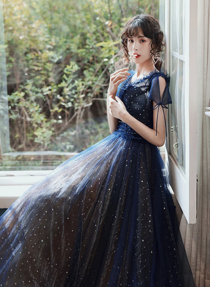 Robe de soirée longue en Tulle bleu marine, décolleté en V, robe de bal B651