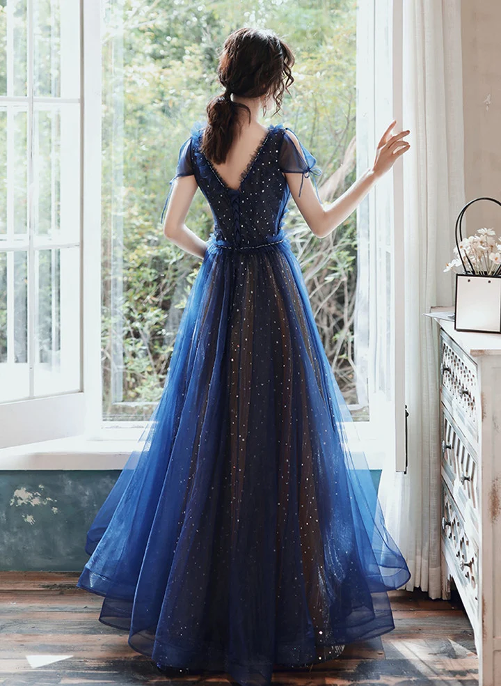 Robe de soirée longue en Tulle bleu marine, décolleté en V, robe de bal B651