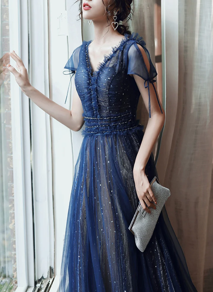 Robe de soirée longue en Tulle bleu marine, décolleté en V, robe de bal B651