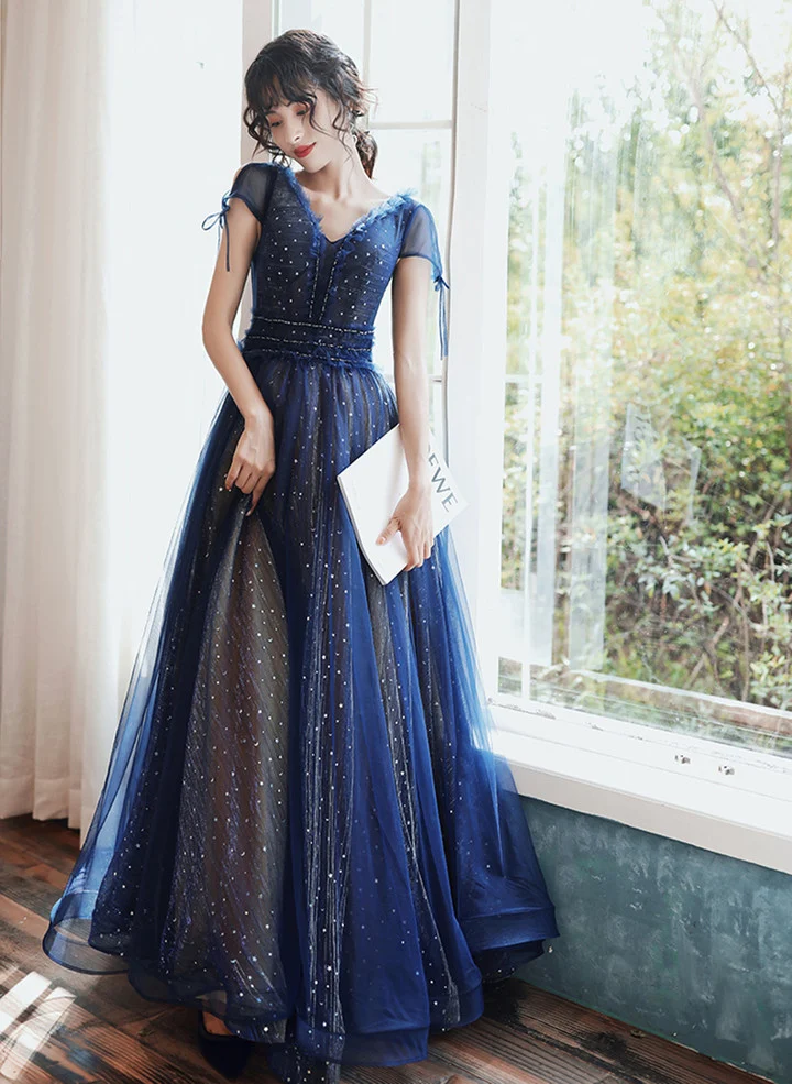 Robe de soirée longue en Tulle bleu marine, décolleté en V, robe de bal B651