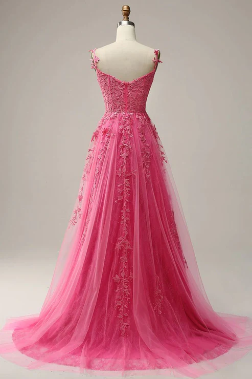 Modeste une ligne bretelles rose dentelle fente robe de bal robes de soirée B726