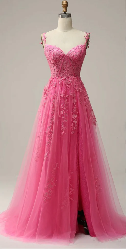 Modeste une ligne bretelles rose dentelle fente robe de bal robes de soirée B726