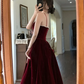 Robe de bal longue en velours bordeaux, Simple, bretelles, perles, bordeaux, B739