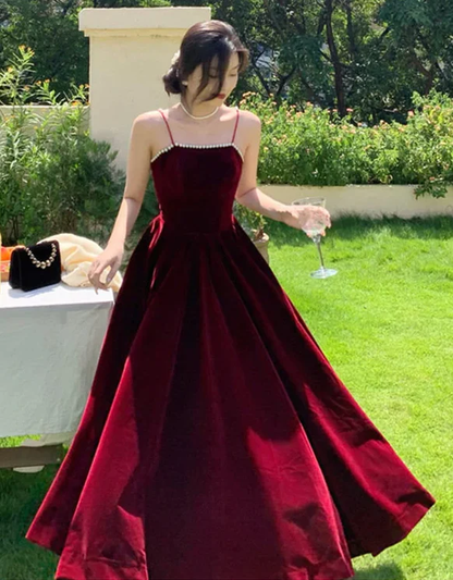 Robe de bal longue en velours bordeaux, Simple, bretelles, perles, bordeaux, B739