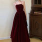 Robe de bal longue en velours bordeaux, Simple, bretelles, perles, bordeaux, B739