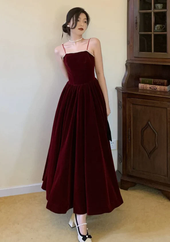 Robe de bal longue en velours bordeaux, Simple, bretelles, perles, bordeaux, B739