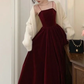 Robe de bal longue en velours bordeaux, Simple, bretelles, perles, bordeaux, B739