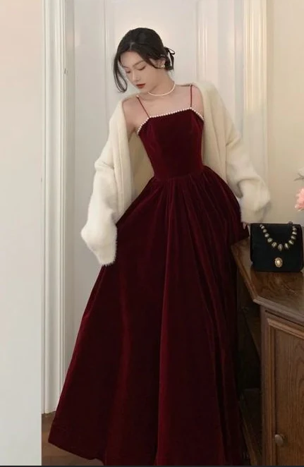 Robe de bal longue en velours bordeaux, Simple, bretelles, perles, bordeaux, B739