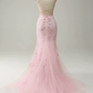 Modest Mermaid Spaghetti Straps Lace Pink Long Prom Dresses B756