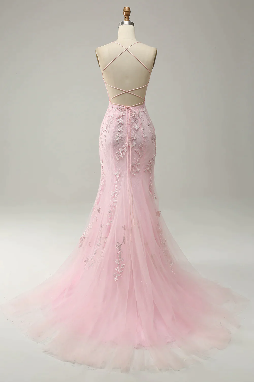 Modest Mermaid Spaghetti Straps Lace Pink Long Prom Dresses B756