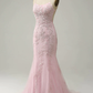 Modest Mermaid Spaghetti Straps Lace Pink Long Prom Dresses B756