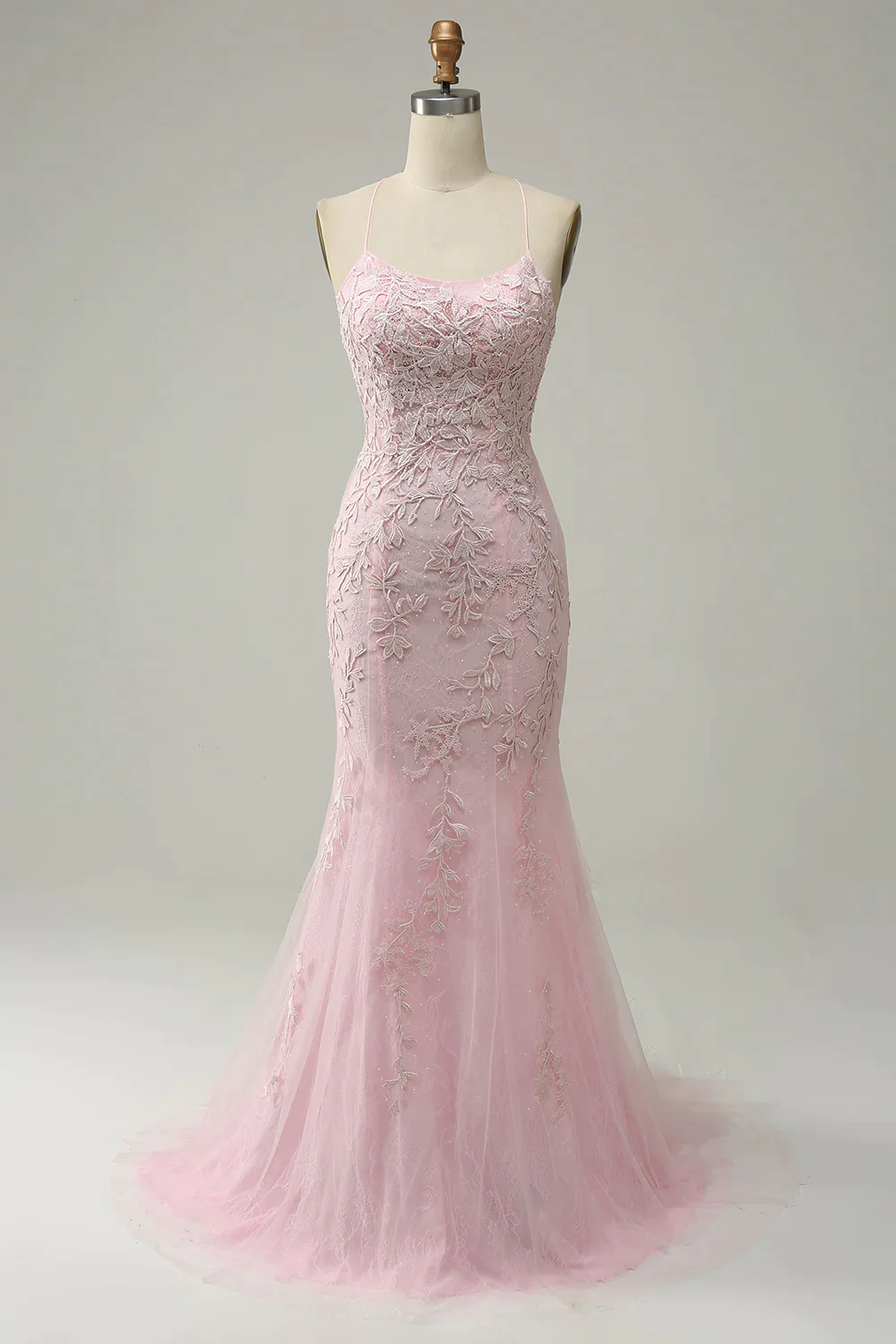 Modest Mermaid Spaghetti Straps Lace Pink Long Prom Dresses B756