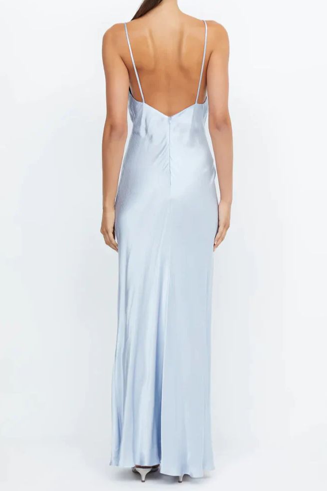 Blue Deep V-Neck Satin Sleeveless Sheath Long Formal Evening Dress BD2522