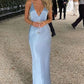 Blue Deep V-Neck Satin Sleeveless Sheath Long Formal Evening Dress BD2522