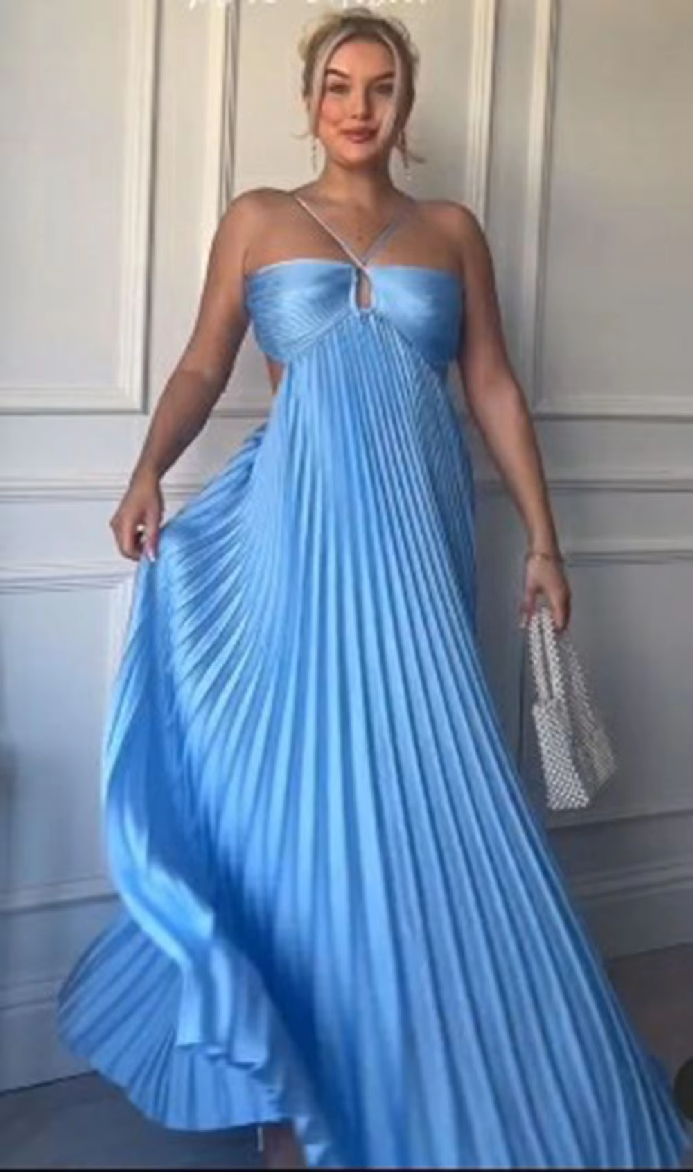 Robe de soirée longue simple à col licou en A bleu sans manches BD2541