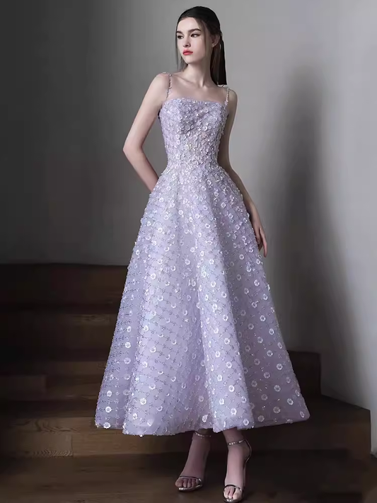 Sexy A Line Sleeveless Lilac Floral Long Prom Dress C01