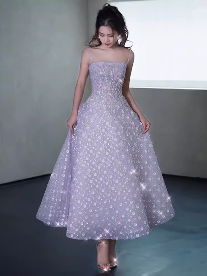 Robe de bal longue à paillettes florales lilas, ligne A, sexy, sans manches, C02