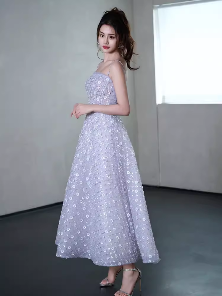 Sexy A Line Sleeveless Lilac Floral Sequin Long Prom Dress C02