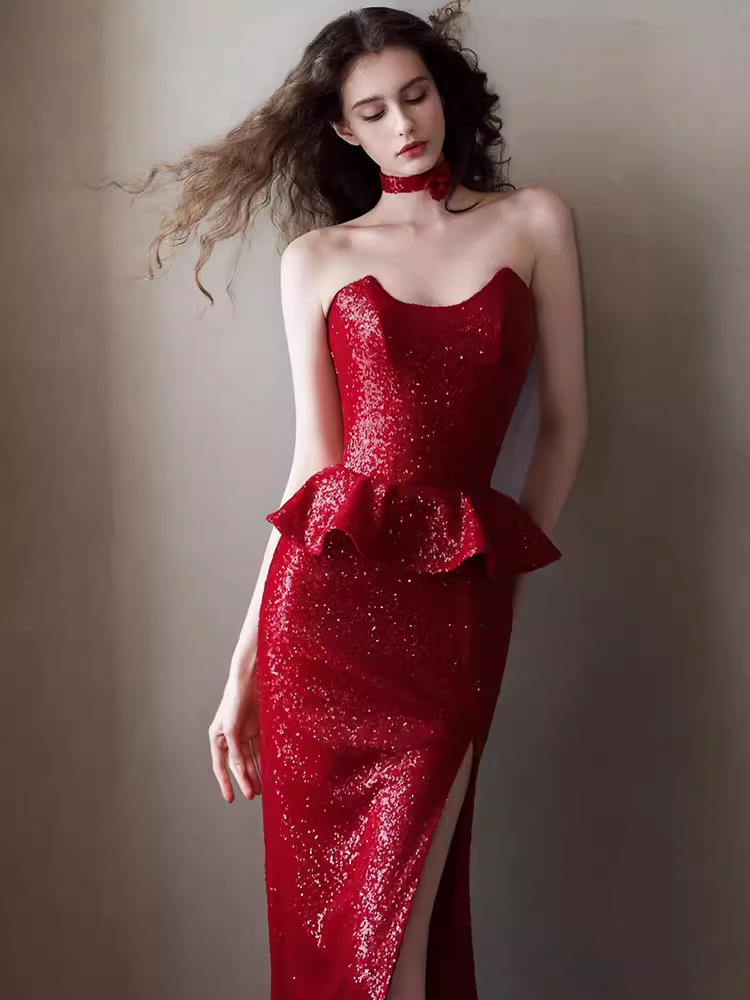 Sexy Mermaid Strapless Red Sequin Slit Long Prom Dresses C04