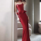 Sexy Mermaid Strapless Red Sequin Slit Long Prom Dresses C04