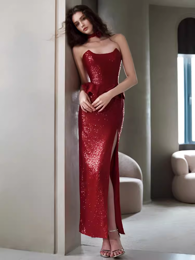 Sexy Mermaid Strapless Red Sequin Slit Long Prom Dresses C04