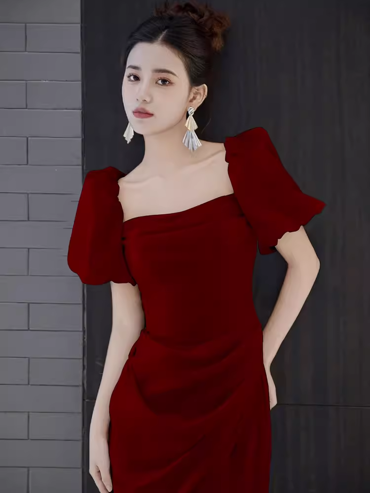 Sexy A Line Square Neckline Red Slit Long Prom Dresses C06