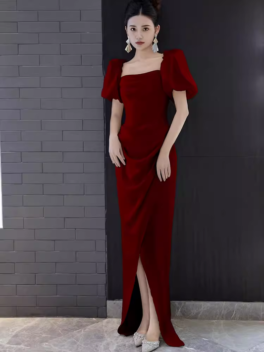 Sexy A Line Square Neckline Red Slit Long Prom Dresses C06