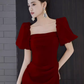 Sexy A Line Square Neckline Red Slit Long Prom Dresses C06