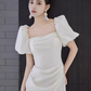 Sexy A Line Square Neckline White Slit Long Prom Dresses C07