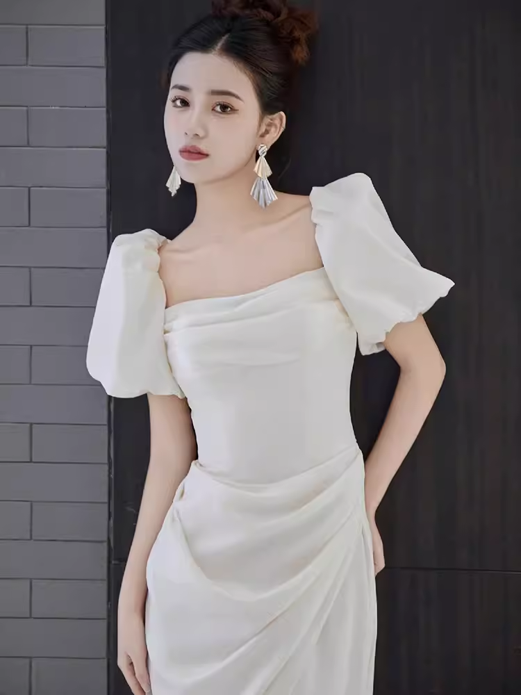 Sexy A Line Square Neckline White Slit Long Prom Dresses C07