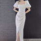 Sexy A Line Square Neckline White Slit Long Prom Dresses C07