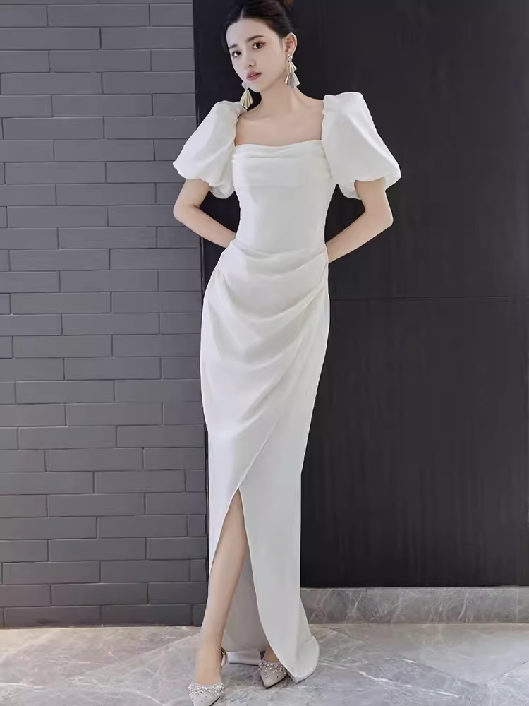 Sexy A Line Square Neckline White Slit Long Prom Dresses C07