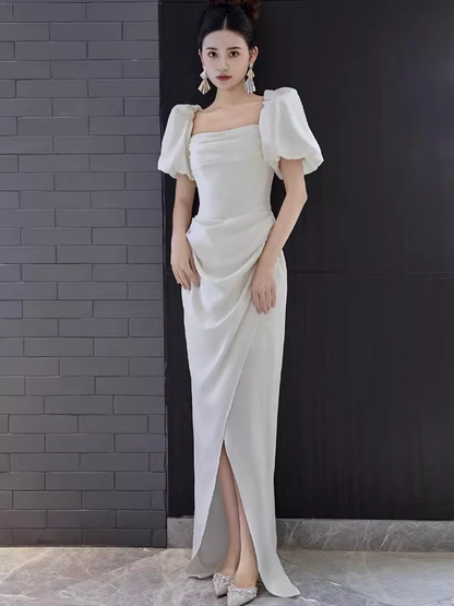 Sexy A Line Square Neckline White Slit Long Prom Dresses C07