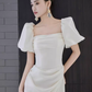 Sexy A Line Square Neckline White Slit Long Prom Dresses C07