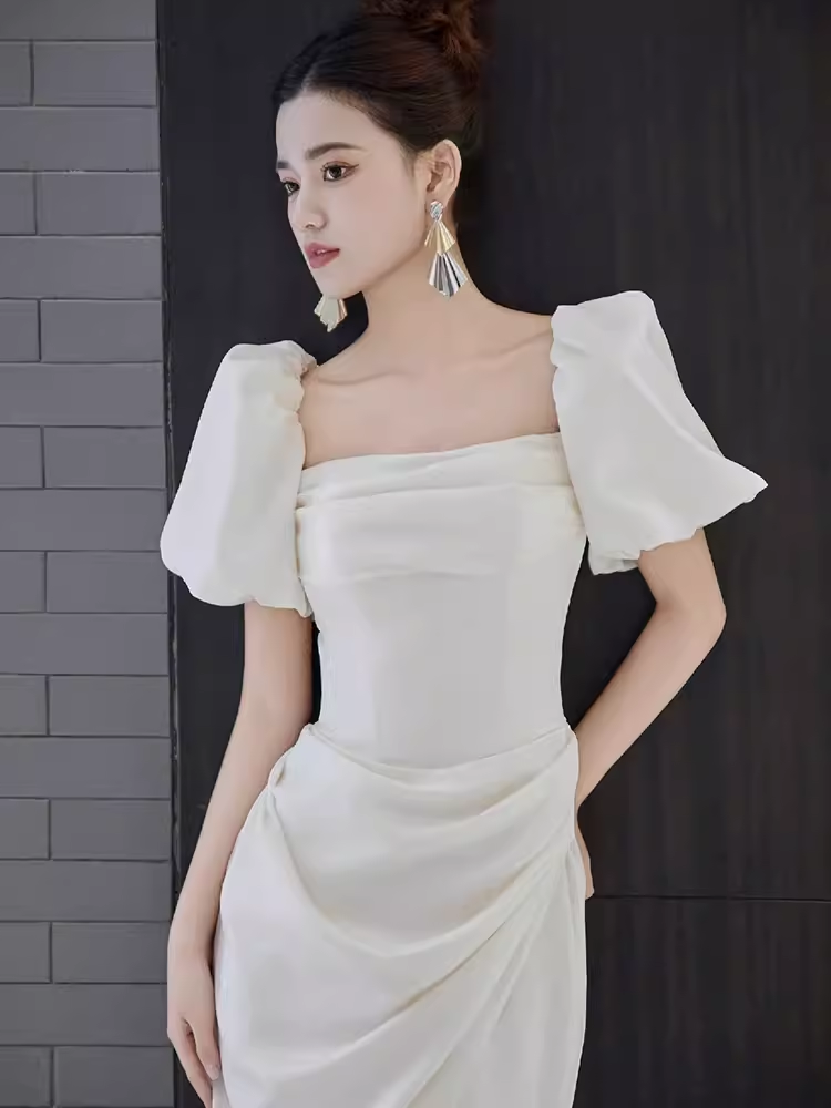 Sexy A Line Square Neckline White Slit Long Prom Dresses C07