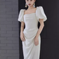 Sexy A Line Square Neckline White Slit Long Prom Dresses C07