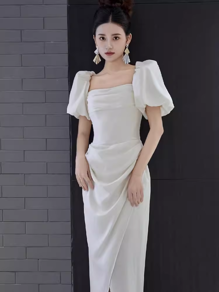 Sexy A Line Square Neckline White Slit Long Prom Dresses C07