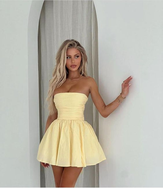 Vintage A Line Strapless Yellow Cocktail Dresses Short Homecoming Dress C1007