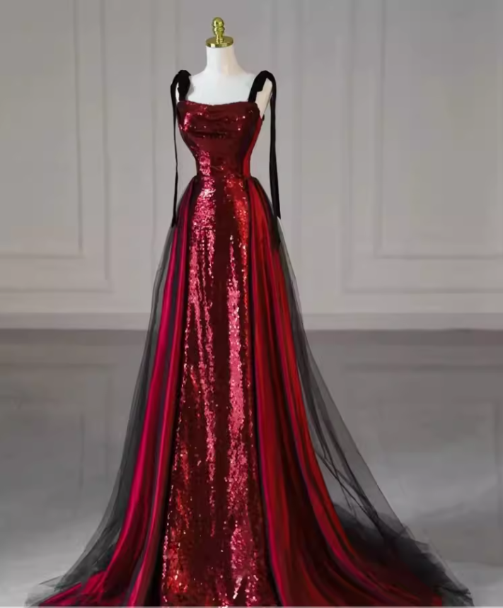 Robe de bal longue à paillettes bordeaux, ligne A simple, C100