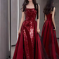 Simple A Line Burgundy Sequin Long Prom Dresses C100