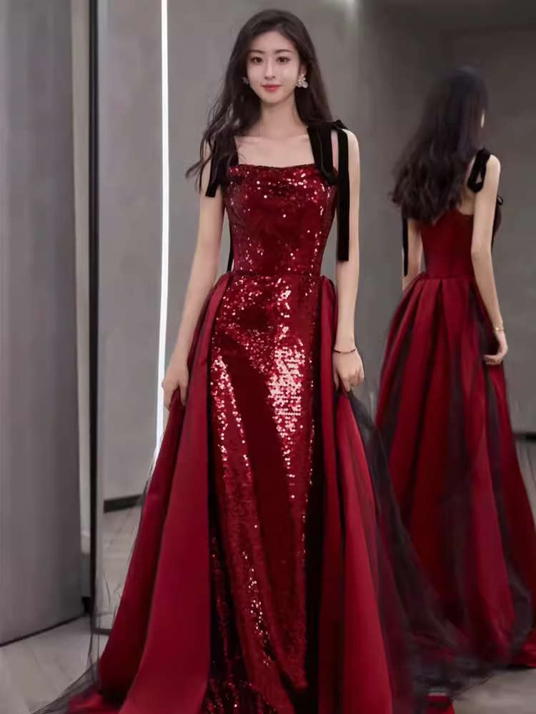 Robe de bal longue à paillettes bordeaux, ligne A simple, C100